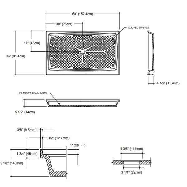 Base de douche unique avec drain central, 60 po x 36 po, os solide