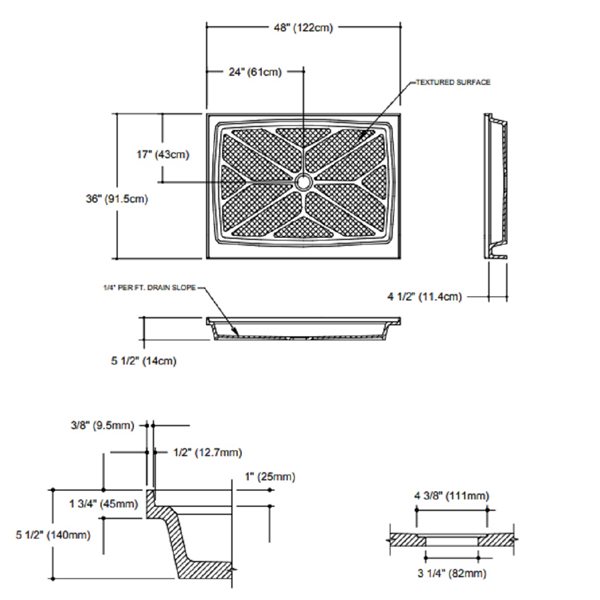 Base de douche unique avec drain central, 48 po x 36 po, os solide