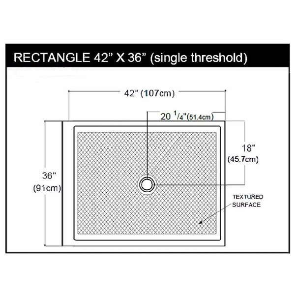Base de douche unique avec drain centrale, 42 po x 36 po, os solide