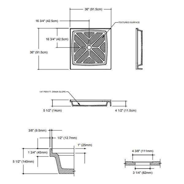 Double base de douche, 36 po x 36 po, os solide