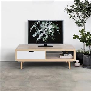 Meuble audio FurnitureR avec un tiroir, hêtre et blanc, 47 po