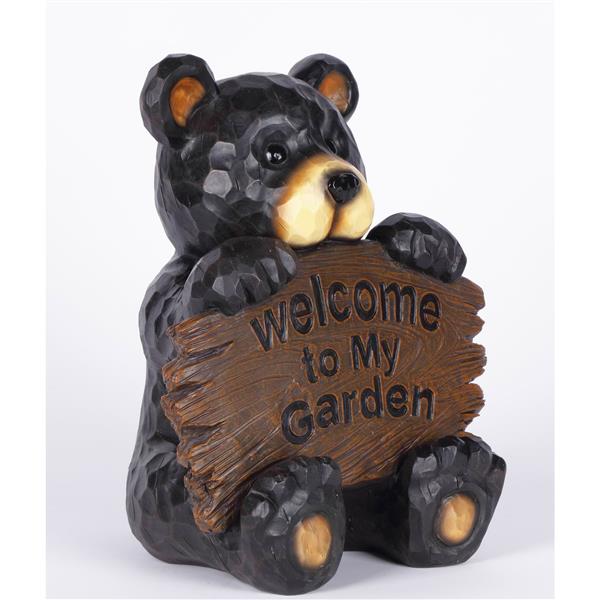 Statue de jardin, ourson avec panneau de bienvenue, 12,25 po