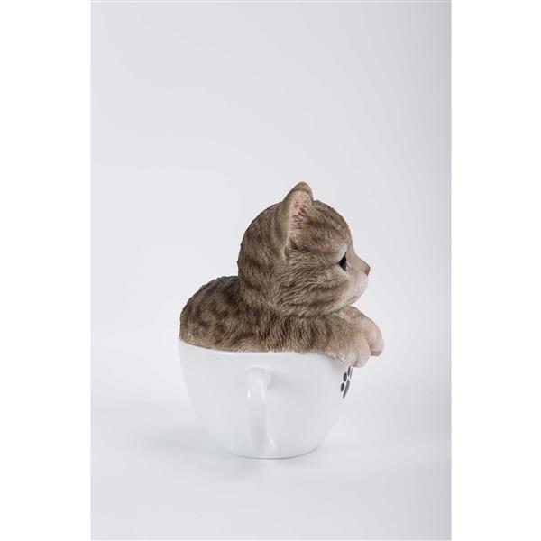 Statue de jardin, chaton tigré gris avec tasse à thé, 5,75 po