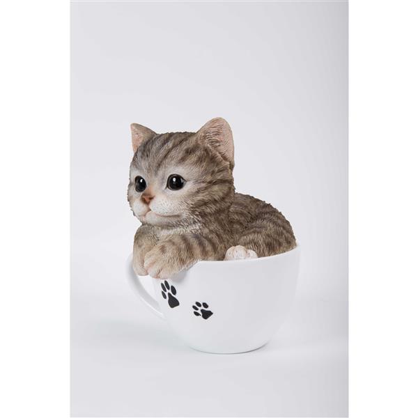 Statue de jardin, chaton tigré gris avec tasse à thé, 5,75 po