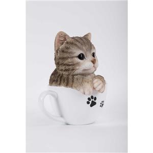 Statue de jardin, chaton tigré gris avec tasse à thé, 5,75 po