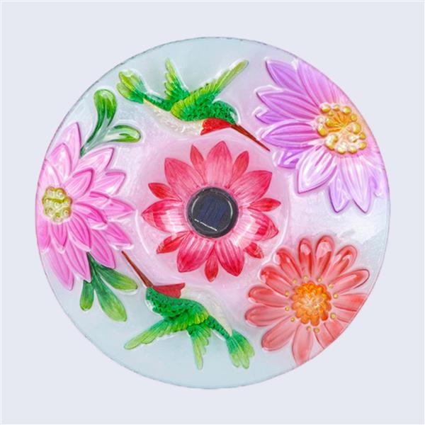 Bain d'oiseau en verre floral, éclairage solaire, rose