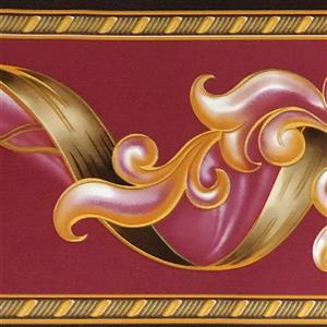 Dundee Deco Wallpaper Border - Abstract Damask Scroll Magenta Burgundy