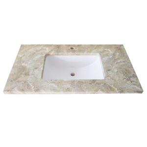 Luxo Marbre Single Sink Vanity Top - 37-in x 22-in - Quartz - Veined Beige.