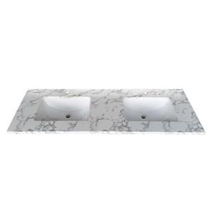 Luxo Marbre Double Sink Vanity Top - 61-in x 22-in - Quartz - Veined White.