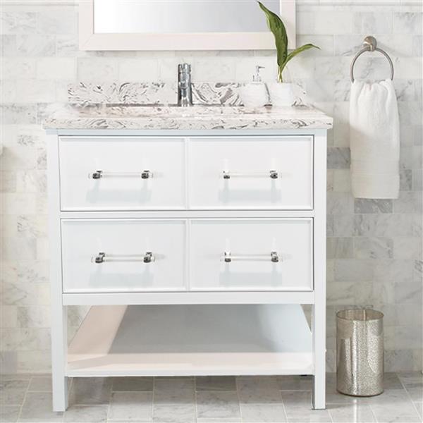 Meuble-lavabo simple blanc de 36 po Bold Gemma par Lukx avec comptoir blanc voie lactée en quartz