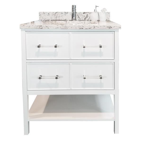 Meuble-lavabo simple blanc de 36 po Bold Gemma par Lukx avec comptoir blanc voie lactée en quartz