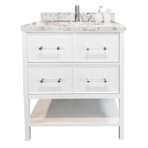 Meuble-lavabo simple blanc de 36 po Bold Gemma par Lukx avec comptoir blanc voie lactée en quartz