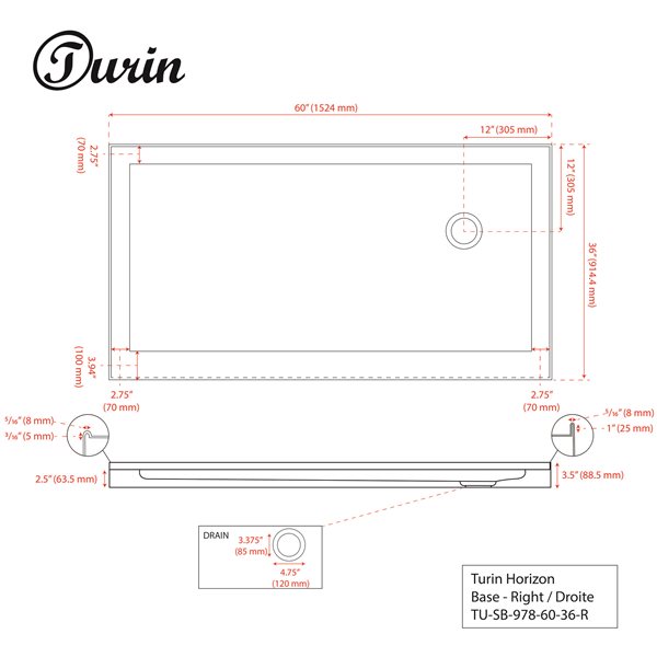 Turin Horizon Shower Base - Right Drain  -White - 36-in x 60-in