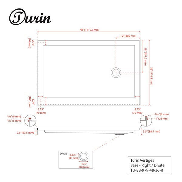 Turin Vertiges Shower Base, Right Drain  -White - 36-in x 48-in