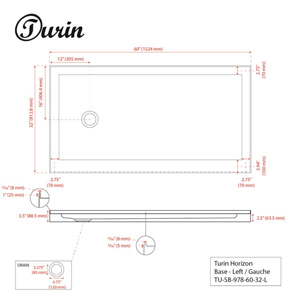 Turin Vertiges Shower Base,  Left Drain -White - 32-in x 60-in