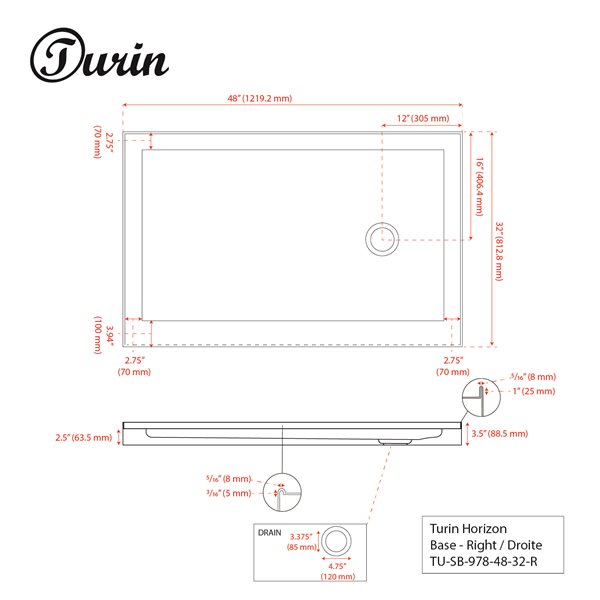 Turin Horizon Shower Base - Right Drain  -White - 32-in x 48-in