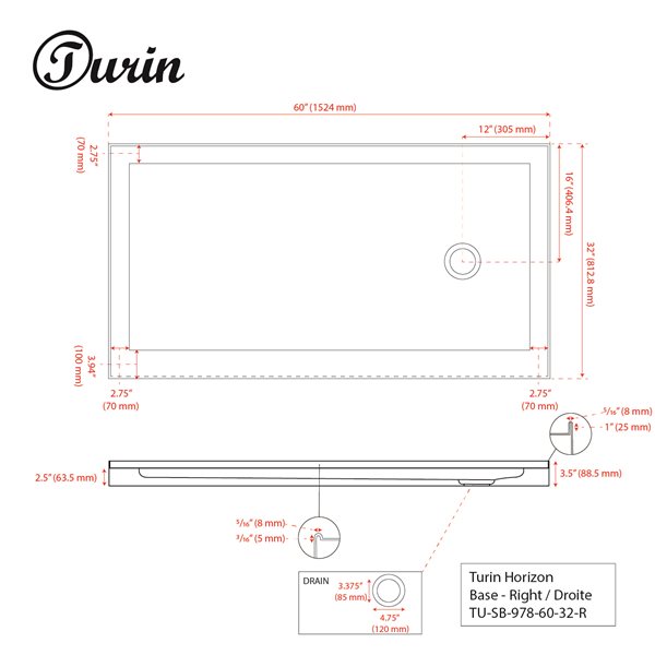 Turin Horizon Shower Base - Right Drain  -White - 32-in x 60-in