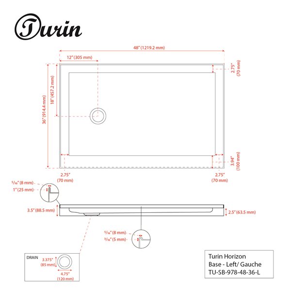 Turin Horizon Shower Base - Left Drain  - White - 36-in x 48-in