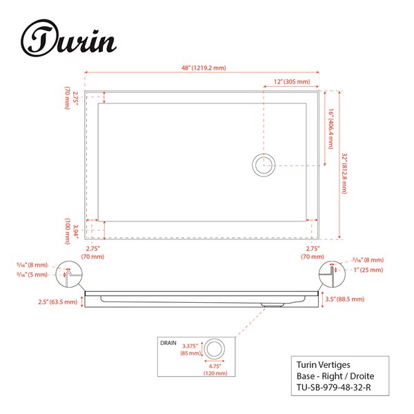 Turin Vertiges 32-in x 48-in White Fibreglass Shower Base with Right Drain