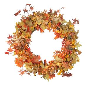 Northlight Autumn Harvest Leaves with Berries Wreath - 32-in - Red/Orange