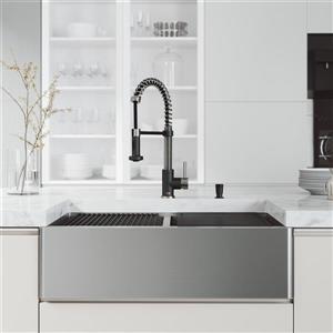 Évier de cuisine acier inoxydable Oxford 33 po, robinet Edison chrome, distributeur de savon noir