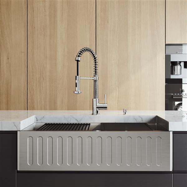 VIGO Oxford&nbsp;36 x&nbsp;21-in Stainless Steel One-Bowl Farmhouse Apron-Front Kitchen Sink w/ Edison Faucet/Accessories