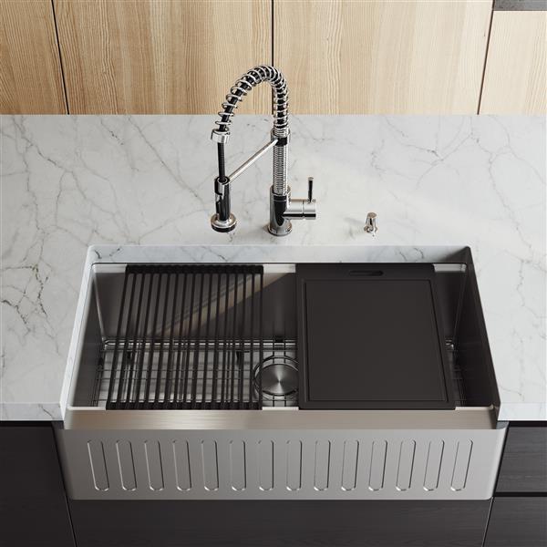 VIGO Oxford&nbsp;36 x&nbsp;21-in Stainless Steel One-Bowl Farmhouse Apron-Front Kitchen Sink w/ Edison Faucet/Accessories