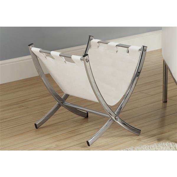 Monarch Magazine Rack - White Leather-Look/Chrome Metal - 15-in