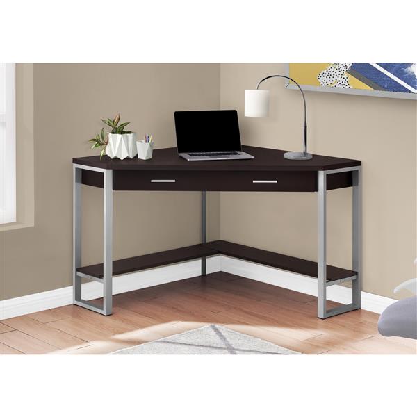 Monarch Corner Computer Desk - Cappuccino and Silver Metal - 42-in