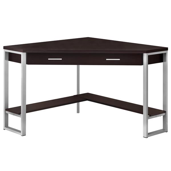 Bureau de travail en coin Monarch, cappuccino et métal argent, 48 po