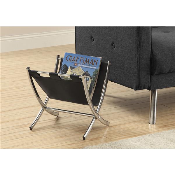 Monarch Magazine Rack - Black Leather-Look/Chrome Metal - 15-in