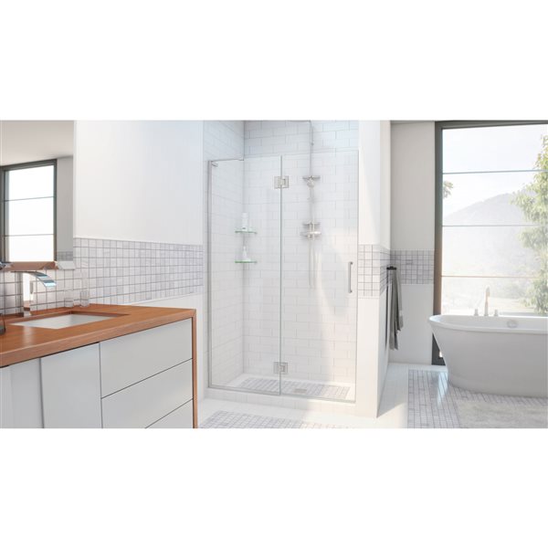 Unidoor-X 34 x 72 Frameless Hinged 10mm Pivot Shower Door in Brushed Nickel
