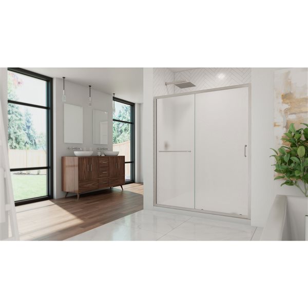 Infinity-Z Shower Kit 32 x 60 x 74 3/4 Frosted 6mm Sliding Shower Door in Brushed Nickel and Right Drain White Base
