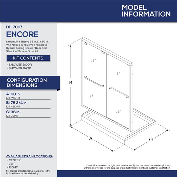 Encore Shower Kit 36 x 60 x  3/4 Semi-Frameless Bypass 8mm Shower Door in Chrome with Center Drain White Shower Base