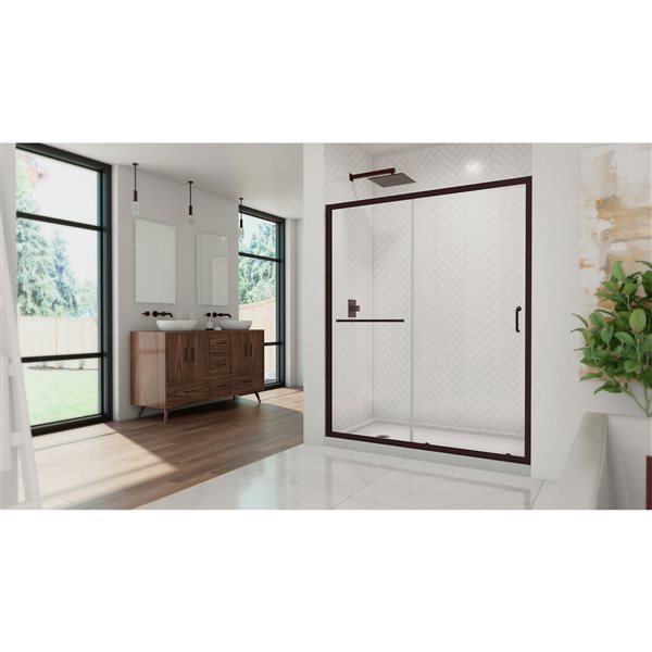 Infinity-Z Shower Kit 36 x 60 x 74 3/4 Semi-Frameless Sliding Clear Shower Door in Oil Rubbed Bronze with Left Drain White Base