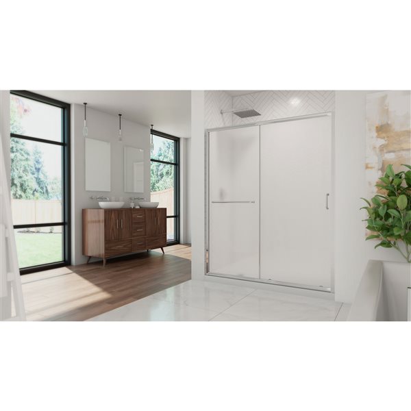 Infinity-Z Shower Kit 32 x 60 x 74 3/4 Frosted 6mm Sliding Shower Door in Chrome and Left Drain White Base
