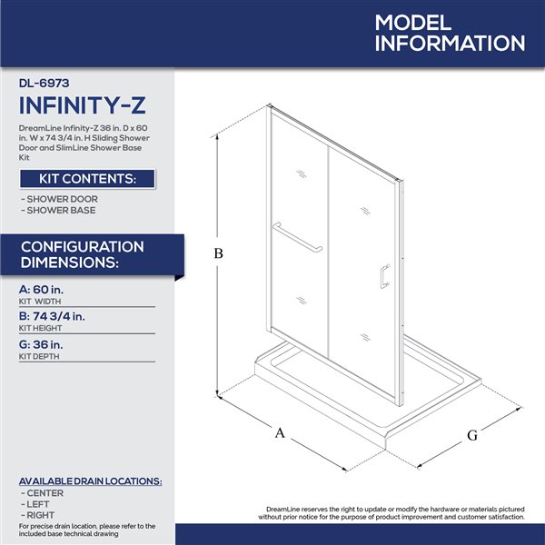 Infinity-Z Shower Kit 36 x 60 x 74 3/4 Semi-Frameless Sliding Clear Shower Door in Brushed Nickel with Right Drain White Base