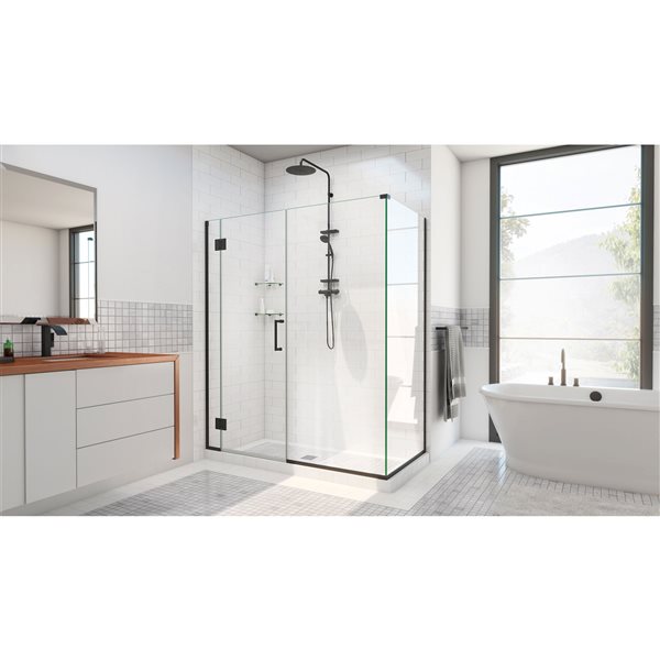 Unidoor-X 60 x 34 3/8 x 72 Frameless Hinged Shower Enclosure in Satin Black-4 glass panels, 10mm