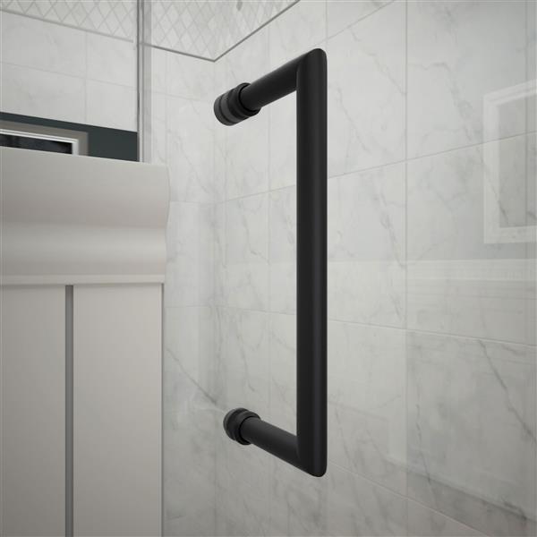 Unidoor 33-34 x 72 Frameless Hinged Pivot Shower Door in Satin Black with 10mm Tempered Glass