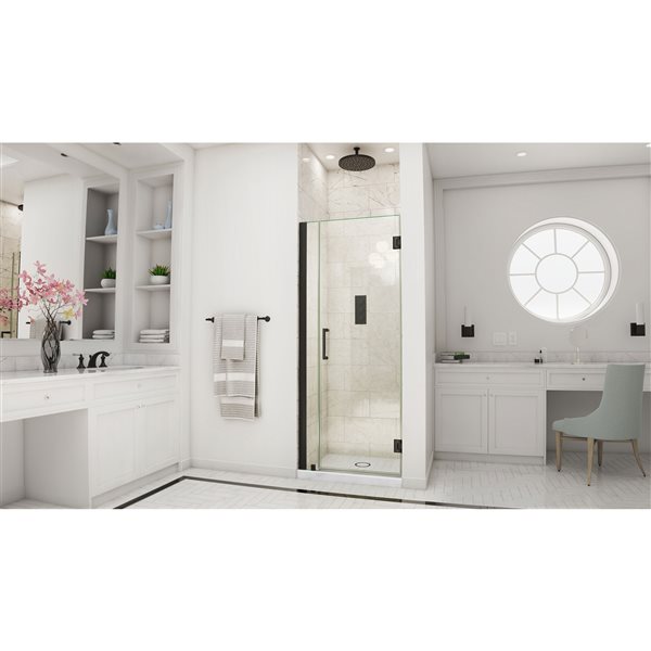 Unidoor 34-35 x 72 Frameless Hinged Pivot Shower Door in Satin Black with 10mm Tempered Glass