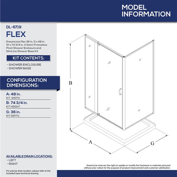 Flex 32-36 x 72 Semi-Frameless Pivot Shower Door in Brushed Nickel