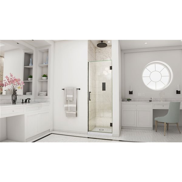 Unidoor 28 x 72 Frameless Hinged Pivot Shower Door in Satin Black with 10mm Tempered Glass