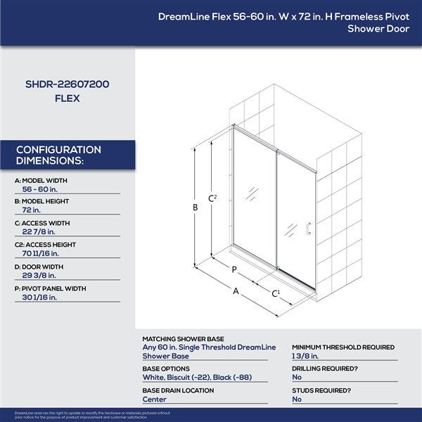 Flex 30 1/2 x 28-32 x 72 Semi-Frameless Pivot 6mm Shower Enclosure in Chrome