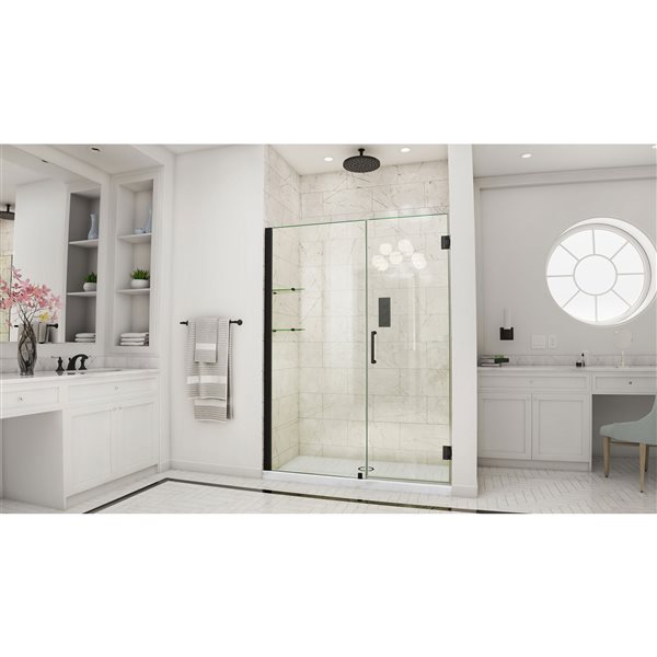 Unidoor 60-61 x 72 Frameless Hinged Pivot Shower Door with 2 Shelves in Satin Black with 10mm Tempered Glass