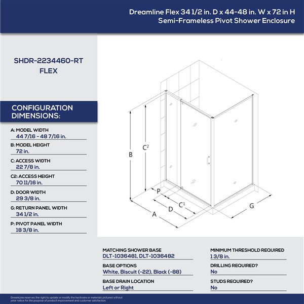 Flex 34 1/2 x 56-60 x 72 Semi-Frameless Pivot Shower Enclosure in Brushed Nickel