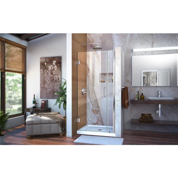 Unidoor 35-36 x 72 Frameless Hinged Pivot Shower Door in Chrome with 10mm Tempered Glass