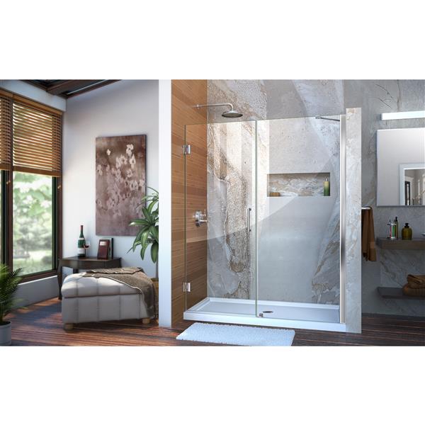 Unidoor 58-59 x 72 Frameless Hinged Pivot Shower Door with Support Arm in Chrome with 10mm Tempered Glass