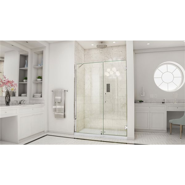 Unidoor 57-58 x 72 Frameless Hinged Pivot Shower Door with Support Arm in Chrome with 10mm Tempered Glass