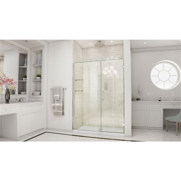 Unidoor 54-55 x 72 Frameless Hinged Pivot Shower Door with 2 Glass Shelves in Brushed Nickel with 10mm Tempered Glass