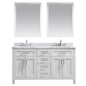 Meuble-lavabo double Tahoe, comptoir marbre blanc et miroir assorti, 60 po